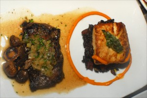 A skirt steak with onion-lemon sauce, mushroom escabeche salad, pan-roasted mahi-mahi, black rice asopado and chipotle allioli — a delicacy at Cuba Libre restaurant in Washington.