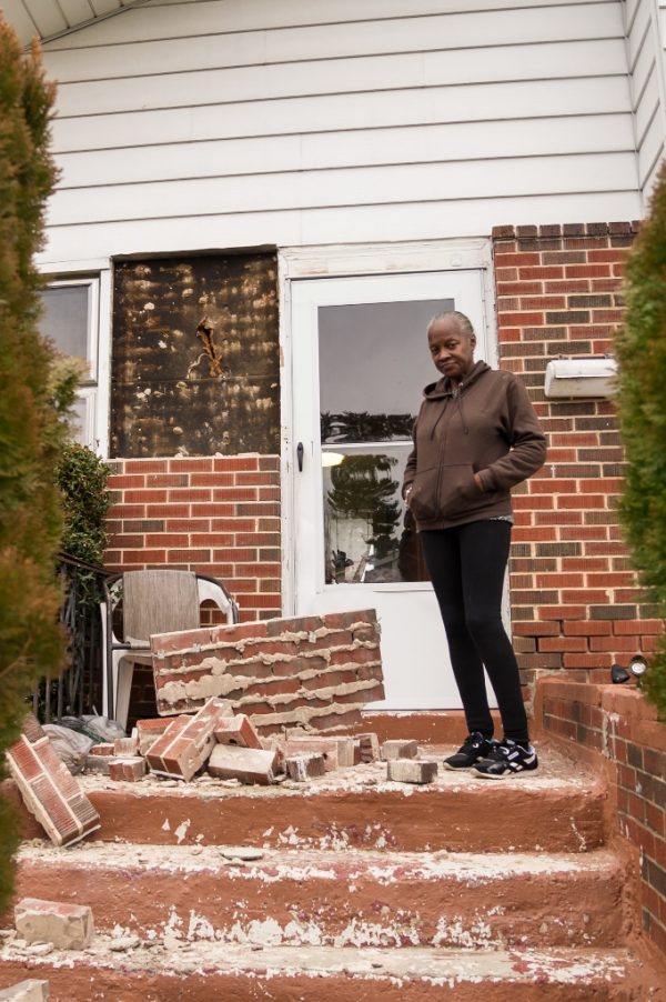 Wanda Gray at her damaged home. Gas explosion in the Woodmoor area of Baltimore County. (Credit Michael Jordan BPE)