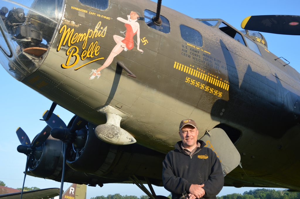 Geneseo Airshow 2019: Pilot Peter Treichler in front of "The Movie" Memphis Belle. (credit Mike Jordan - BPE)