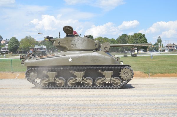 A Sherman tank gets into high gear at the 2019 Military Vehicle Preservation Association Convention in York, PA. (Anthony C. Hayes)