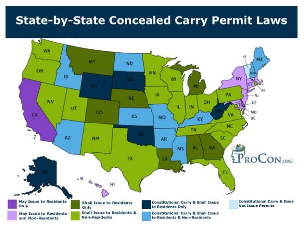 A map of the state-by-state concealed carry laws.