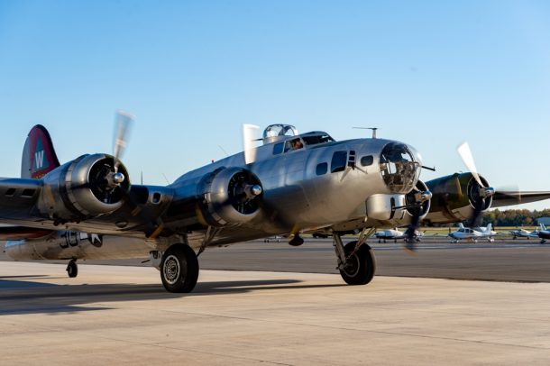 Ready for take-off, the EAA B-17-G Aluminum Overcast begins to taxi to the runway at Manassas Regional Airport. (Mike Jordan/BPE)