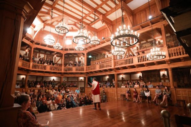 John Harrell addresses a rapt audience in Julius Caesar at the Blackfriars Playhouse in Staunton, VA. Photo by Lindsey Walters.