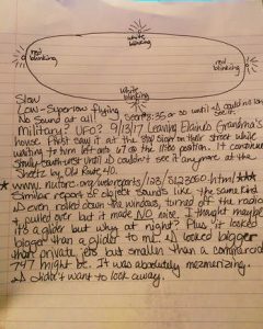 UFO witness illustration with notes about Boonsburo, Maryland sighting. The report was investigated by a member of MUFON Maryland. (Credit MUFON