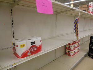 Toilet paper on a mostly empty shelf at the Smith Ave. locaion of the Shoppers Food market in Baltimore, Maryland. (Anthony C. Hayes)