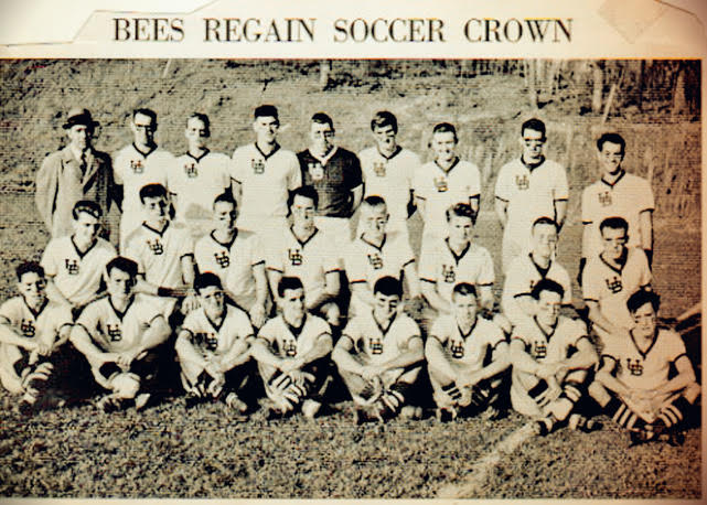 “U. of Baltimore, Mason-Dixon Champs, 1961, Photo Courtesy UB Yearbook" (Bill Hughes, first row, second from the left; and John Bauerle, second row, third from the right)
