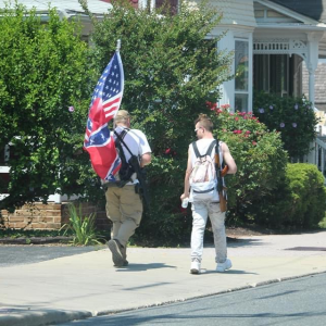 Gettysburg, PA July 4, 2020: Two patriots with long gun walk through Gettysburg. They and dozens more were in Gettysburg on July 4th because of a ANTIFA/BLM threat to burn flags in the Gettysburg National Cemetery. credit BPE Staff