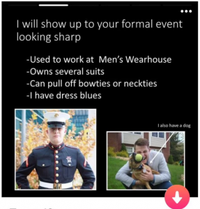 A screenshot of Trent Somes III Tinder profile as it appeared in the April 3, 2018 edition of Task and Purpose.