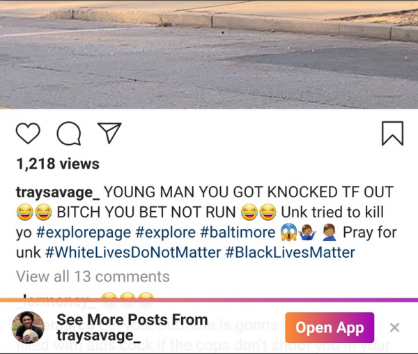 Assault in Baltimore: screenshot from the Instagram account of traysavage_