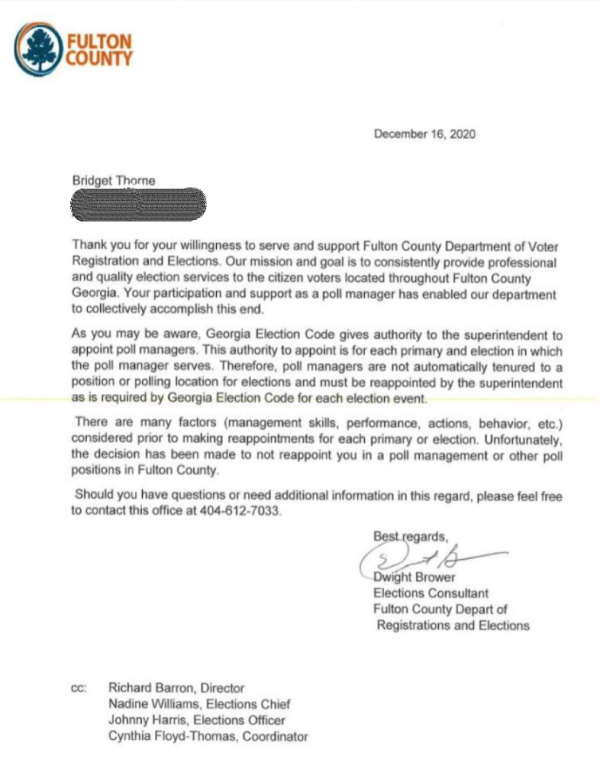 Fulton County Georgia election technition Bridget Thorne termination letter Dec. 16, 2020