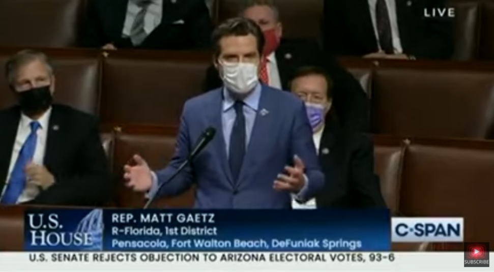 Rep. Matt Gaetz at the Electoral College raising objections to the 2020 election. (YouTube screenshot)