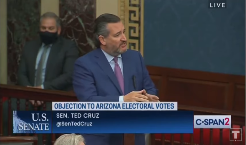 Sen. Ted Cruz at Electoral College session of Congress Jan 6, 2021 (YouTubee screenshot)
