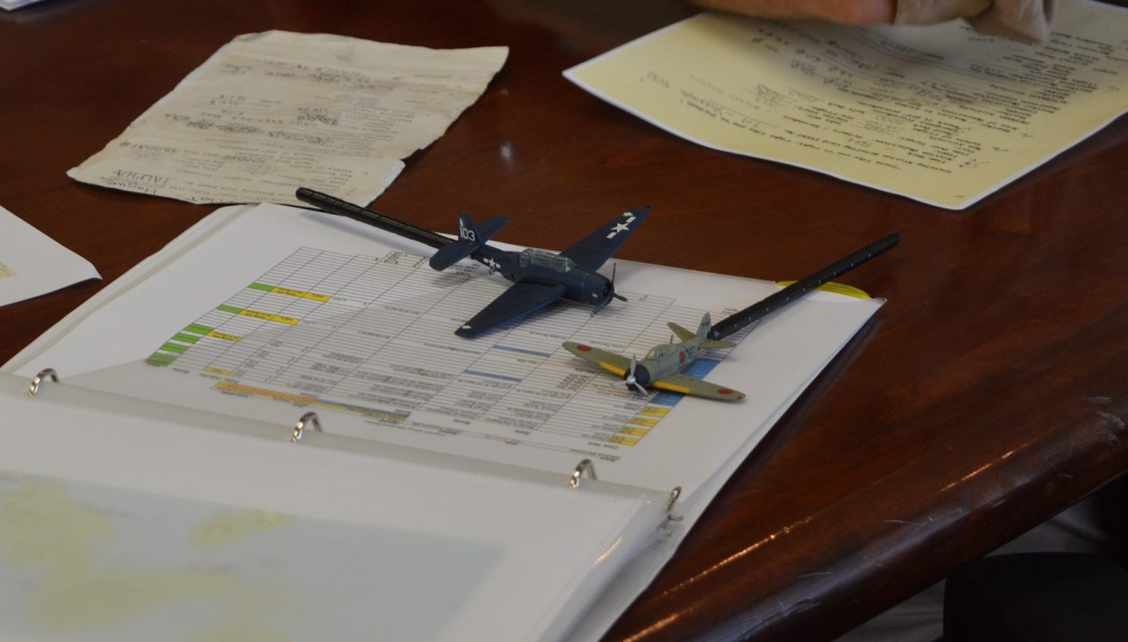 Two model planes were used to demonstrate evasive maneuvering for each torpedo mission at the 2021 Commemorative Air Force Warbirds Showcase in Frederick, MD. (credit Anthony C. Hayes/BPE)