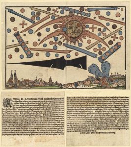 UFOs in Wartime: The celestial phenomenon over the German city of Nuremberg on April 14, 1561, as printed in an illustrated news notice in the same month. (Public Domain)