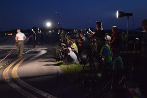 Night Engine-Run Photo Shoot: Photographers ready their cameras as firemen dampen the tarmac during the first Night Engine-Run Photo Shoot at the Mid-Atlantic Air Museum. (credit Anthony C. Hayes)