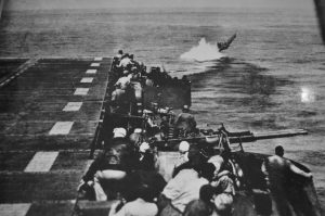 An unknown Navy photographer captured the moment Edward Stepanian's overladen TBF Avenger went into the water while trying to take off from the USS Cowpens. Credit: The Edward Stepanian Collection courtesy Lynn Stepanian-Smith.