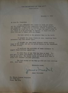 A separation letter to Edward Stepanian signed by Navy Secretary James Forrestal. Credit: The Edward Stepanian Collection courtesy Lynn Stepanian-Smith.