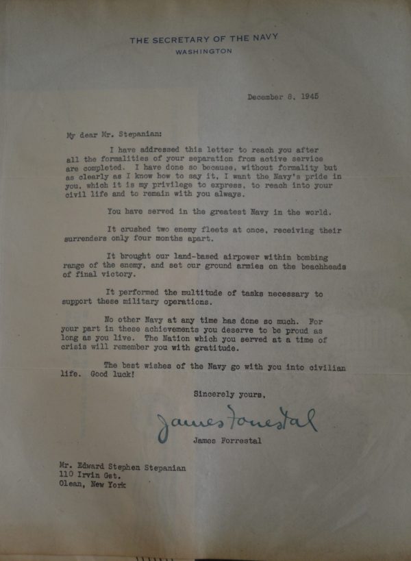 A separation letter to Edward Stepanian signed by Navy Secretary James Forrestal. Credit: The Edward Stepanian Collection courtesy Lynn Stepanian-Smith.