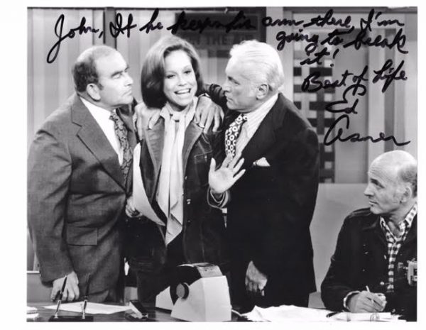 Ed Asner with Mary Tyler Moore, Ted Knight and Gavin MacLeod. (courtesy John W. Flores)