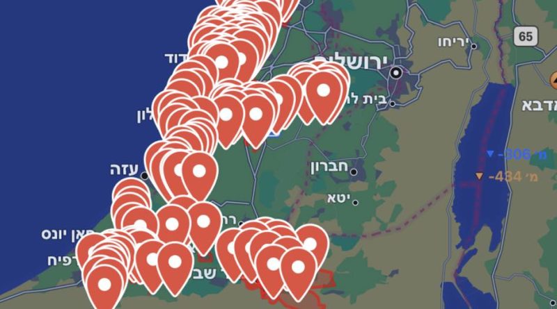 Hundreds of incoming rockets appear as red dots blanketing central Israel at 6:34 am on Oct. 7 in the "Tzeva Adom" or "Red Alert" phone app. (Photo by Larry Luxner)