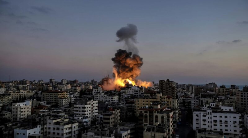 Gaza - Palestine A huge explosion in a building as a result of a bombing by Israeli warplanes