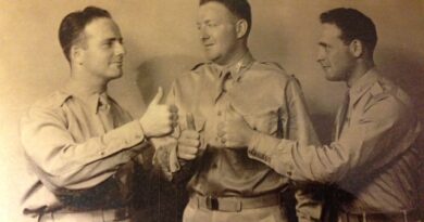 Brothers in Arms: Baltimore's Ace, Larry, and Rock Rosner: Ace (left), Larry (middle), and Rock (right) Rosner meet up at OCS (Officer Candidate School) at Fort Benning, GA in 1942. A newspaper clipping recognizes the three brothers for making the rank of Lieutenant.