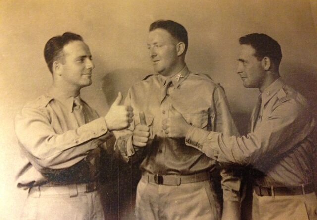 Brothers in Arms: Baltimore's Ace, Larry, and Rock Rosner: Ace (left), Larry (middle), and Rock (right) Rosner meet up at OCS (Officer Candidate School) at Fort Benning, GA in 1942. A newspaper clipping recognizes the three brothers for making the rank of Lieutenant.