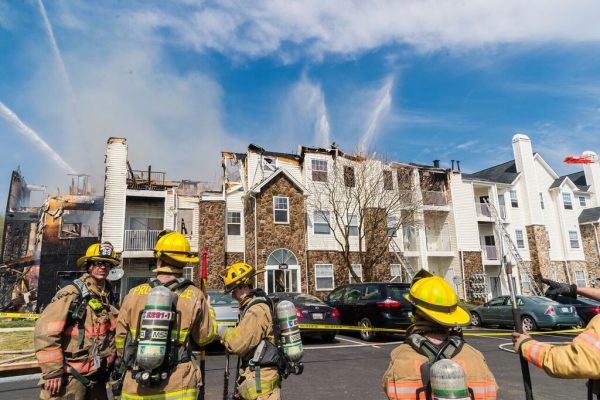 A fire and a possible explosion ripped through an apartment building in the 2400 block of Bytham Court at the Diamond Ridge Luxury Apartment Complex in Windsor Mill, Maryland (Credit Michael Jordan / BPE)