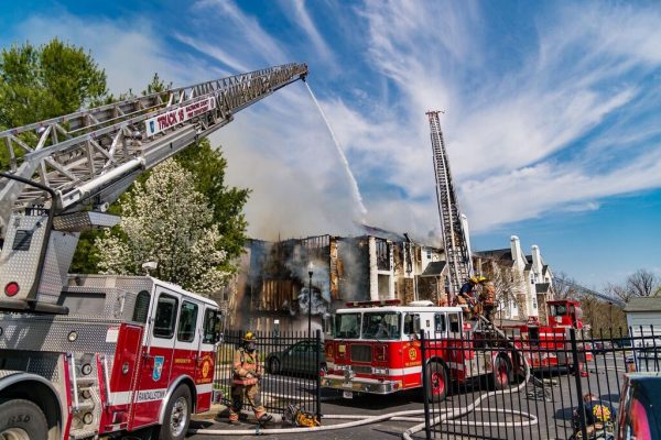 A fire and a possible explosion ripped through an apartment building in the 2400 block of Bytham Court at the Diamond Ridge Luxury Apartment Complex in Windsor Mill, Maryland (Credit Michael Jordan / BPE)