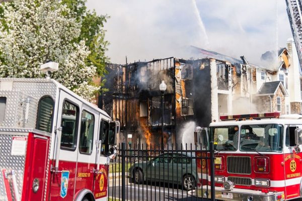 A fire and a possible explosion ripped through an apartment building in the 2400 block of Bytham Court at the Diamond Ridge Luxury Apartment Complex in Windsor Mill, Maryland (Credit Michael Jordan / BPE)