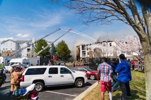 A fire and a possible explosion ripped through an apartment building in the 2400 block of Bytham Court at the Diamond Ridge Luxury Apartment Complex in Windsor Mill, Maryland (Credit Michael Jordan / BPE)