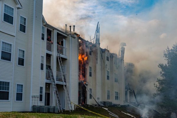 A fire and a possible explosion ripped through an apartment building in the 2400 block of Bytham Court at the Diamond Ridge Luxury Apartment Complex in Windsor Mill, Maryland (Credit Michael Jordan / BPE)