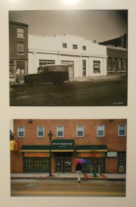 The H&S bakery as it appeared in the late 1930's is paired with an award winning photo of the site today by Bonnie Schupp.