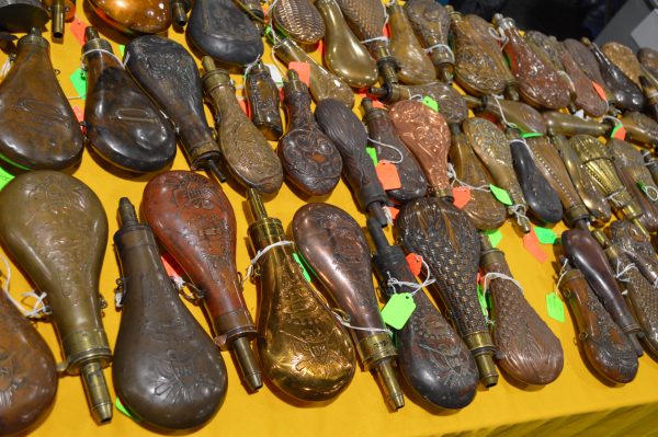 Baltimore Antique Arms Show 2018: a display of powder horns. (Anthony C. Hayes)