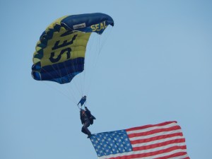 Three skydivers from the Army and three from the Navy were part of the pregame attractions. (Jon Gallo)