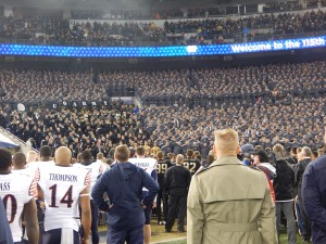 When the game was over, the teams convened at south end zone, where the brigade of Midshipmen was seated next to West Point cadets. Following tradition, players and fans sang the U.S. Military Academy’s official song “The Army Goes Rolling Along” first since Army lost before breaking into “Navy Blue and Gold,” Navy’s official song.