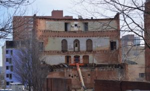 A view from the rear of the stabilized facade of the Mayfair Theatre in Baltomre, Maryland. (Anthony C. Hayes)