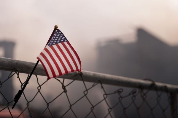 A small flag of tribute to the two firefighhters killed in a building collapse in York, PA. (Michael Jordan)