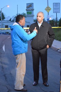 Fox 45 anchor Kai Jackson (r) interviews reporter Keith Daniels about the investigation of the bomb scare and shooting at Fox 45 in Baltimore. (Anthony C. Hayes)