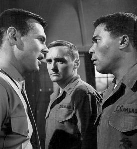 Scene from a never aired episode of the television program The Lieutenant. Pictured from left are: Gary Lockwood, Dennis Hopper and Don Marshall. (Wikimedia)
