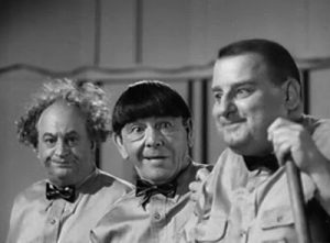 Three Stooges Larry Fine, Moe Howard and Joe DeRita in a screenshot from "Have Rocket, Will Travel." The Three Stooges were guests of the Lord Baltimore Hotel on a number of occasions in the 1950's.