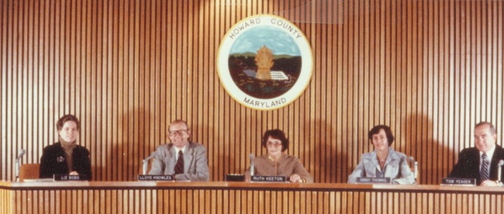 The Howard County Council in 1978. From left, Elizabeth Bobo, appointed in 1977, elected county executive in 1986, lost reelection bid in 1990, elected to the House of Delegates in 1994, retired in 2014; Lloyd Knowles, elected in 1974, lost a reelection bid by district to Ruth Keeton in 1986; Ruth Keeton, elected in 1974, resigned from the council in 1989 due to her worsening Alzheimer’s disease; Ginny Thomas, elected in 1974, elected to the House of Delegates in 1982, lost election for state Senate in 1994; and Thomas Yeager, elected in 1974, elected state senator in 1982, defeated for reelection in the Democratic primary by Ginny Thomas in 1994. Photo by Howard County government. Courtesy of Columbia Archives