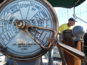 Volunteer Bill Curtis looks ahead as the John W. Brown approaches the Francis Scott Key bridge. (Anthony C. Hayes)