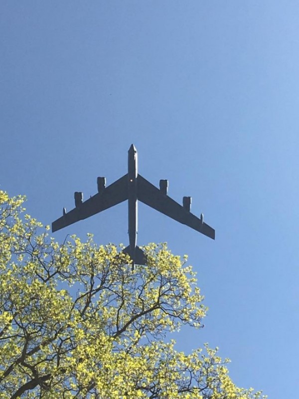 A B-52 flys overhead at the Lafayette Escadrille centennial event in honor of the first American pilots of WW1 that gave their lives fighting for the shared values of the U.S and France. 
