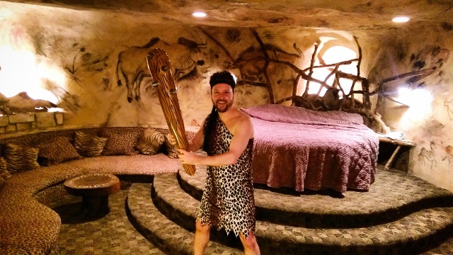 Leonard Kinsey in the cave-man suite at the Radisson Hotel Valley Forge in King of Prussia, PA