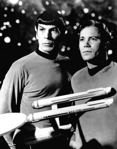 Leonard Nimoy and William Shatner in a publicity photo from Star Trek. (Wikimedia)