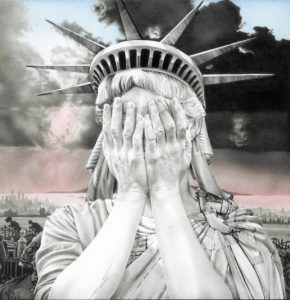 The "Oh America" image appeared in numerous Facebook posts in the wake of Donald Trump's election victory. It is used here by permission of the British artist Gee Vaucher, whose 50-year career is being celebrated with an exhibition at the Firstsite gallery in England that opened on Nov. 12, and running until Feb. 19, 2017. Information: www.firstsite.uk.net)