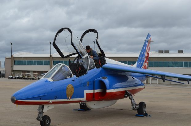 An Alpha jet of the Patrouille de France on the tramac at Charles B. Wheeler Downtown Airport in Kansas City, Mo. The Patrouille de France was in Kansas City, Mo. to honor American Servicemen at the April 6, 2017 Centennial Commemoration of America's involvement in World War I. (Anthony C. Hayes)