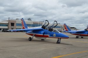 An Alpha jet of the Patrouille de France on the tramac at Charles B. Wheeler Downtown Airport in Kansas City, Mo. The Patrouille de France was in Kansas City to participate in the Centennial Commemoration of the United States involvement in World War I. (Anthony C. Hayes)