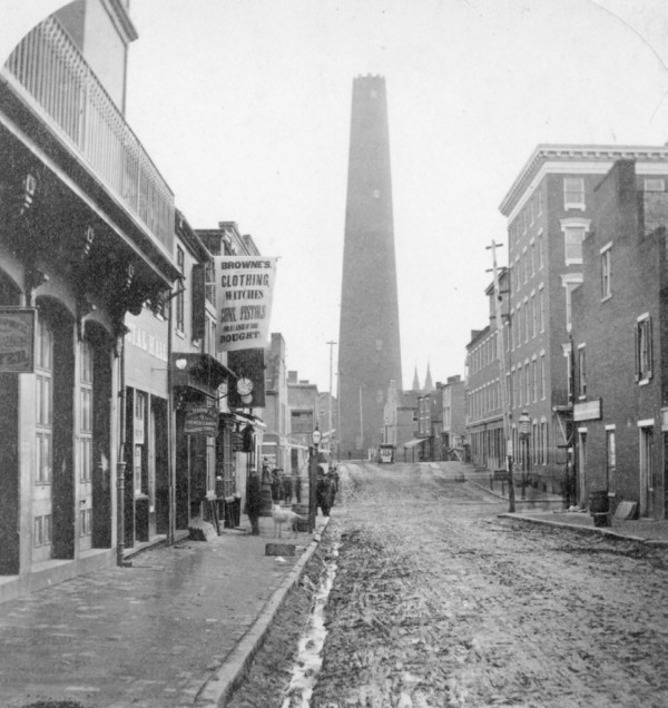 Another Baltimore legend involving Edgar Allan Poe is an April Fools Day hoax in which he announced (anonymously) that a man would fly from the top of the Phoenix Shot Tower on Fayette Street toi the newly built lighthouse at Lazaretto Point two miles away. The story gpoes that Poe crafted an ingenious advertisment, with many people swallowing it whole. They gathered to witness the event, only to turn into an angry mob when finally realizing the deception. The crowd then thronged to the newspaper office.  The publication was said to be William Gwynn's Gazette, and the hoax is believed to be the "misbehavior" that Poe mentions in his letter to Gwynn. However, no further evidence has been found to support the story. (Maryland Historical Society)